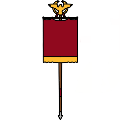 A vexillum, a type of military standard in the Roman Empire. It's shown as a dark red flag hung from a spear, with a gold fringe below it and a gold eagle and wreath above it.